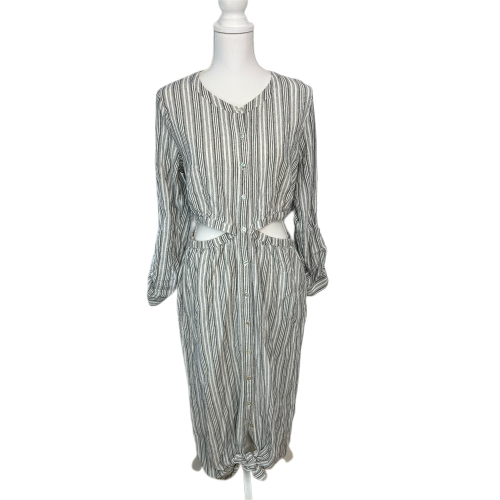 LoveStitch Fallon Cutout Grey & White Striped Long Sleeve Boho Midi Dress Size L
